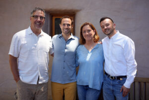 Drew Horning, Cory Muscara, Julie Daley, Mike Ingrasci outside the Hoffman Podcast Studio at Santa Sabina after filming our first episode in the new studio
