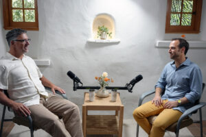 Drew Horning and Cory Muscara inside the Hoffman Podcast Studio at Santa Sabina